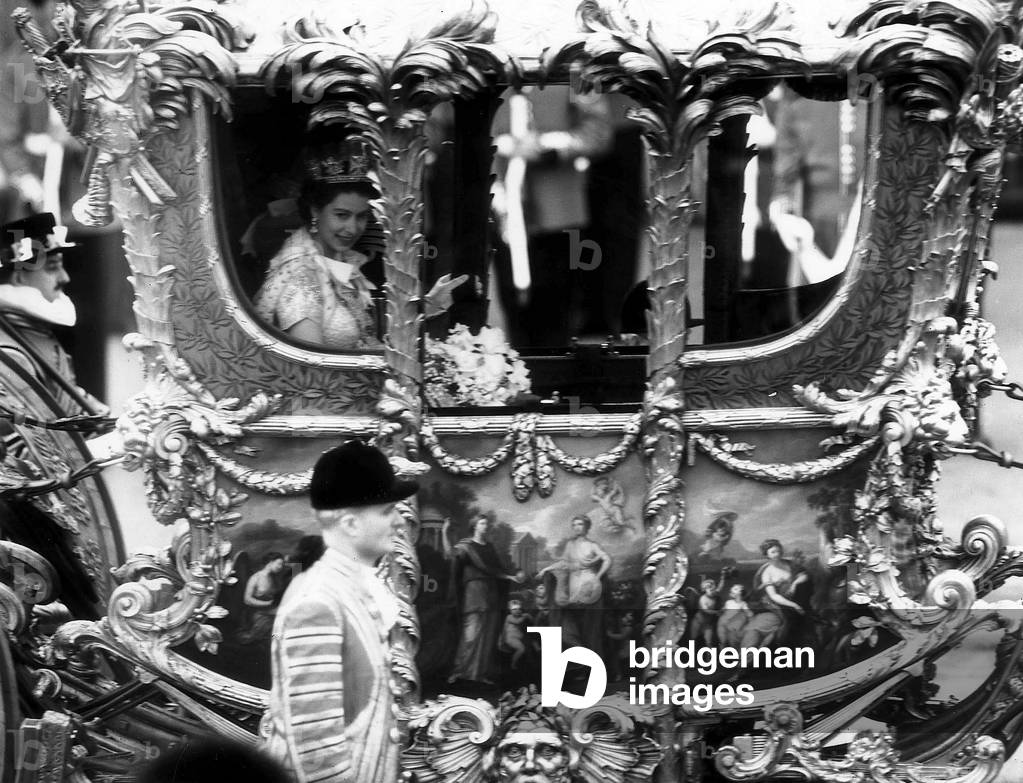 The Coronation of Queen Elizabeth II, The Golden State coach transporting the Queen and Prince Philip, Duke of Edinburgh, leaves from Buckingham Palace toward Westminster Abbey for the ceremony, Square, 2nd June 1953 (b/w photo)