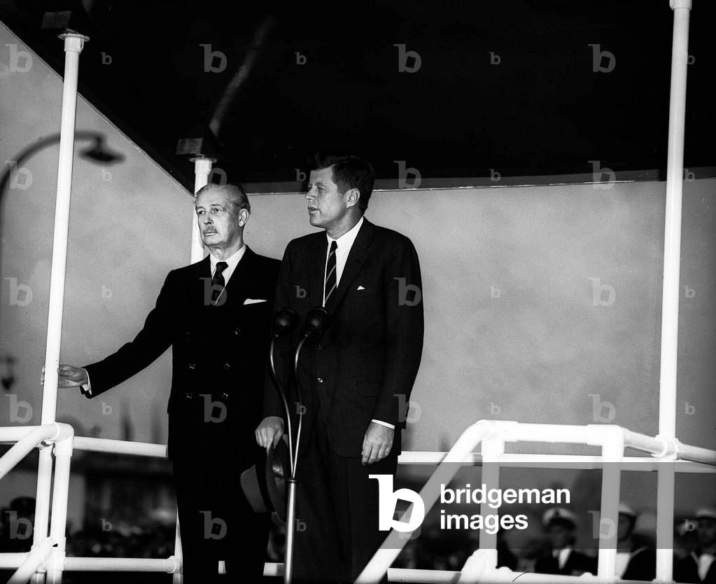 President John F Kennedy arrives at London Airport to meet Prime Minister Harold MacMillan, 5th June 1961 (b/w photo)