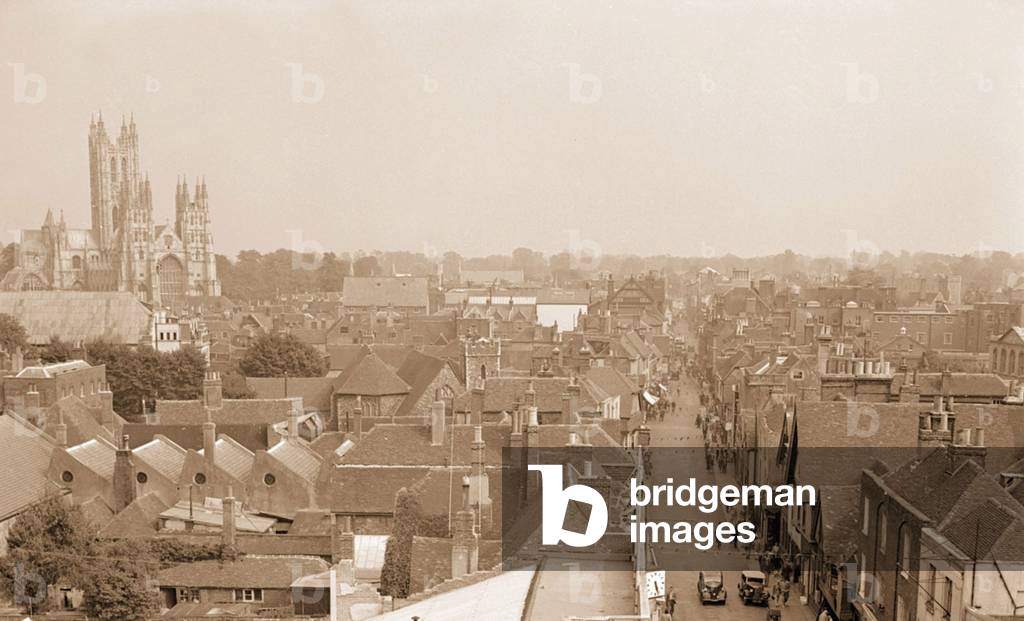 Canterbury Cathedral dominates the Town, 1953 (b/w photo)