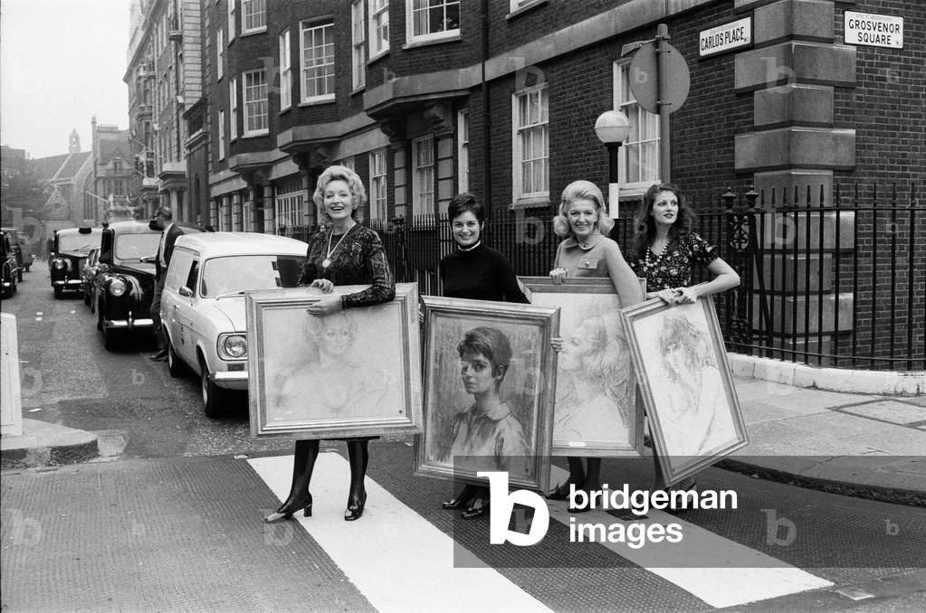 Distinguished British women pictured with their own portraits by Zsuzsi Roboz for the first time today at an exhibition 'Women of Today' at the O'Hana Gallery in London W1, October 1970 (b/w photo)