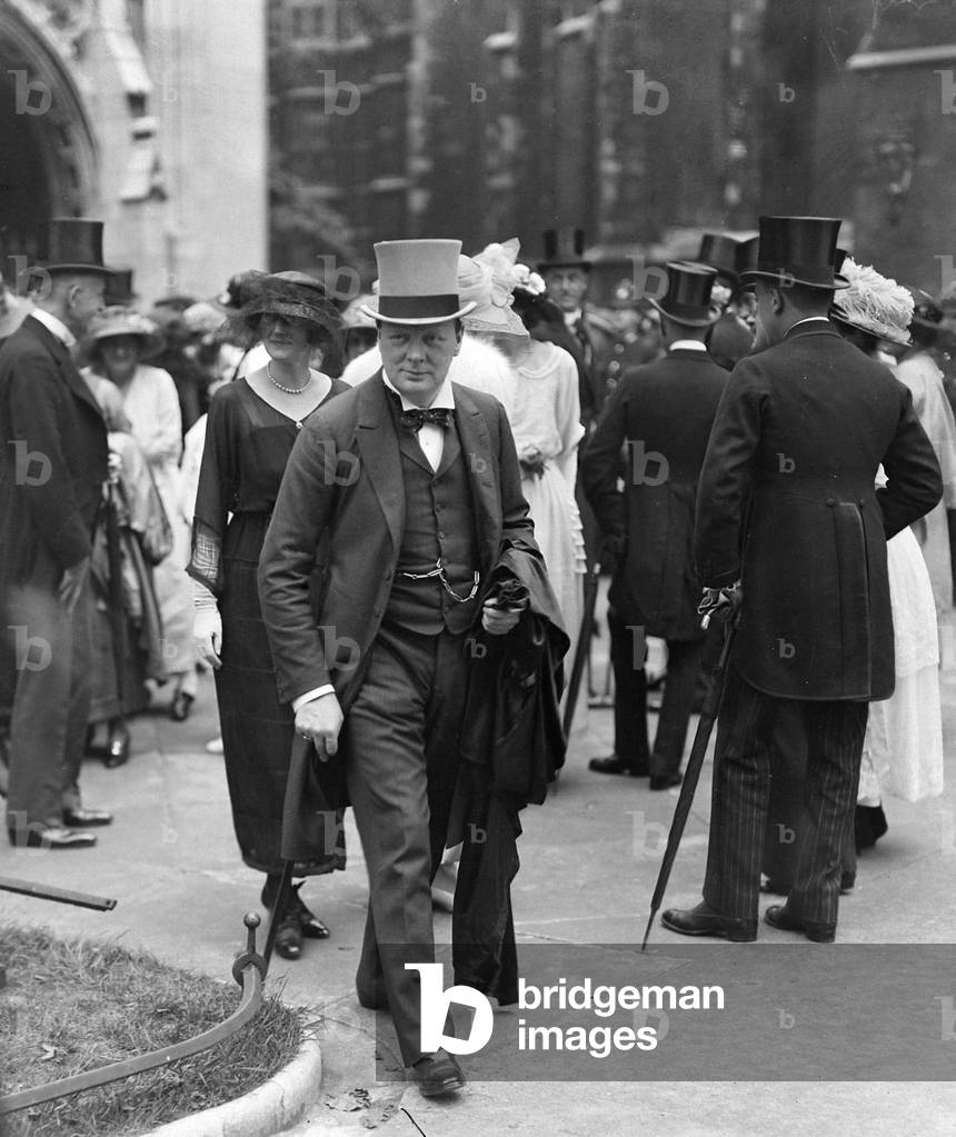 Winston Churchill seen here at the wedding of Air Marshall Sir Hug Trenchard to the Hon Mrs Boyle, 19th July 1920 (b/w photo)