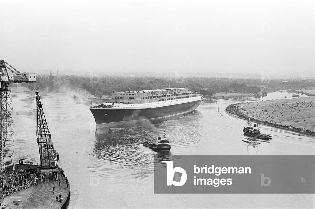 Queen Elizabeth II launching the Cunard Cruise Liner, The QE2 in the Clyde, 20th September 1967 (b/w photo)