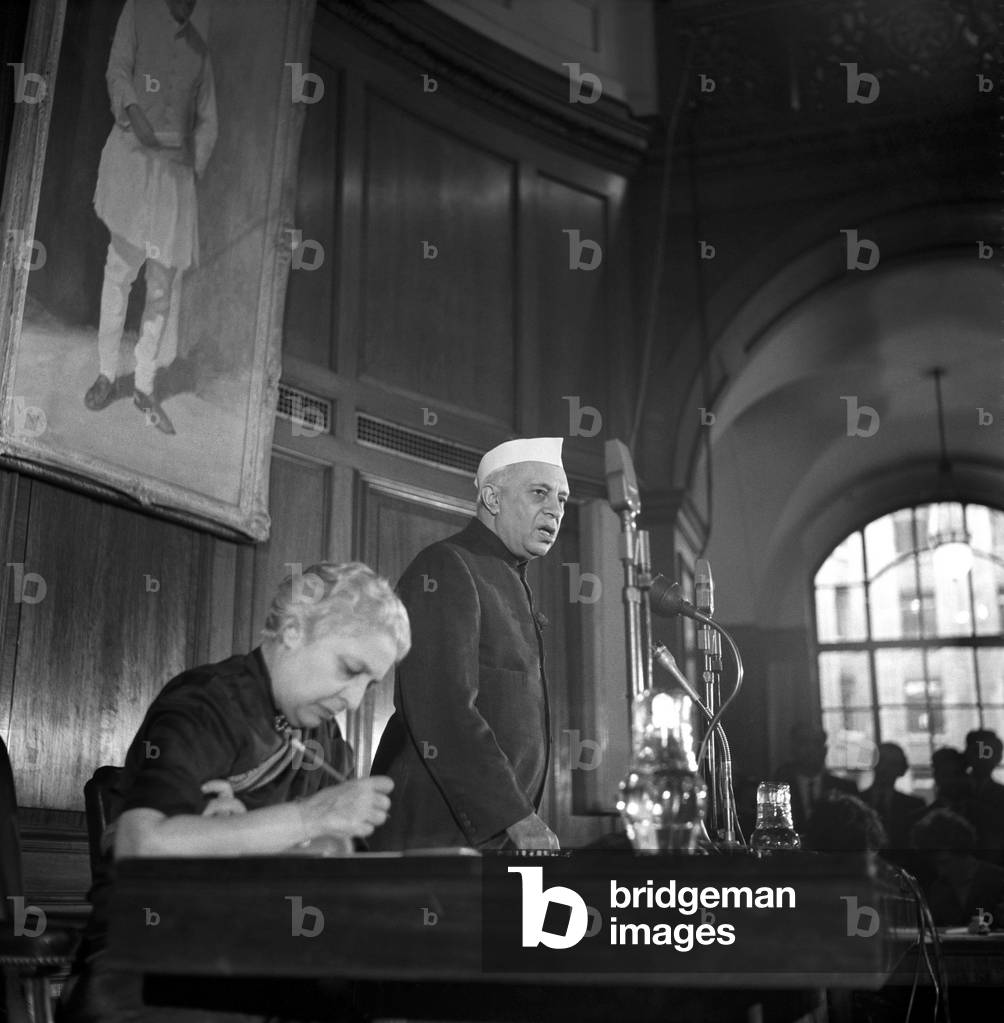 Pandit Jawaharlal Nehru at his press conference held at India House during his visit to the United Kingdom, March 1961 (b/w photo)