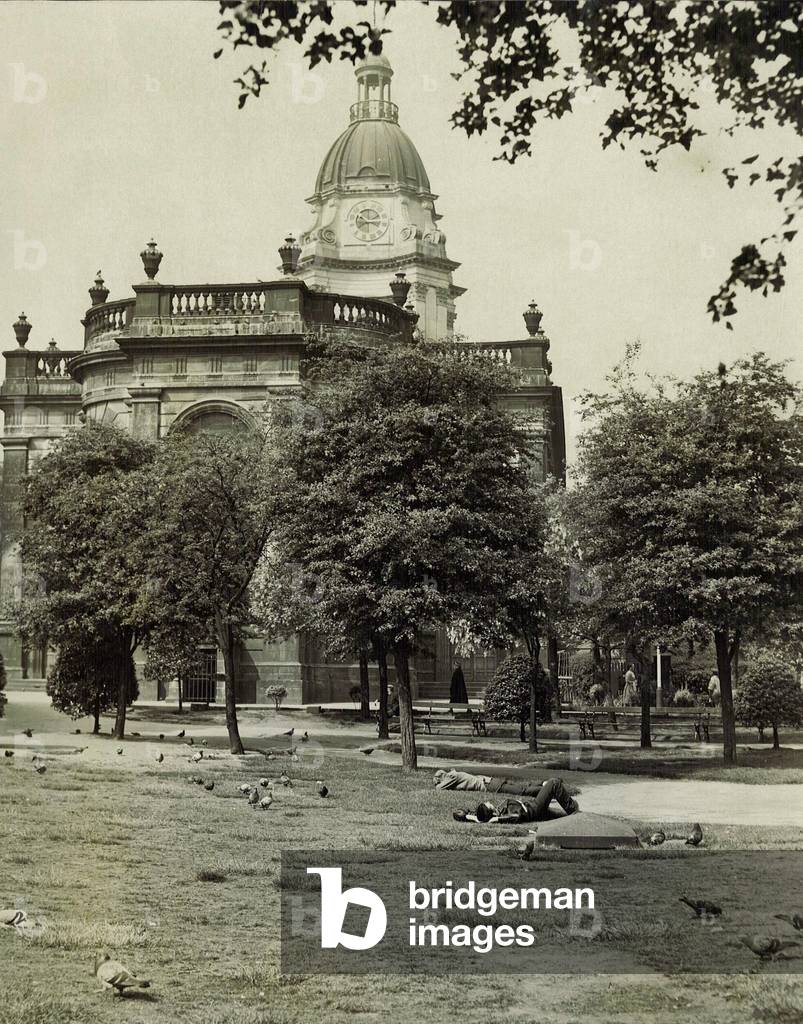 Early birds get the worms also two humans resting in St Phillip's churchyard on this sunny morning, 31st May 1960 (b/w photo)
