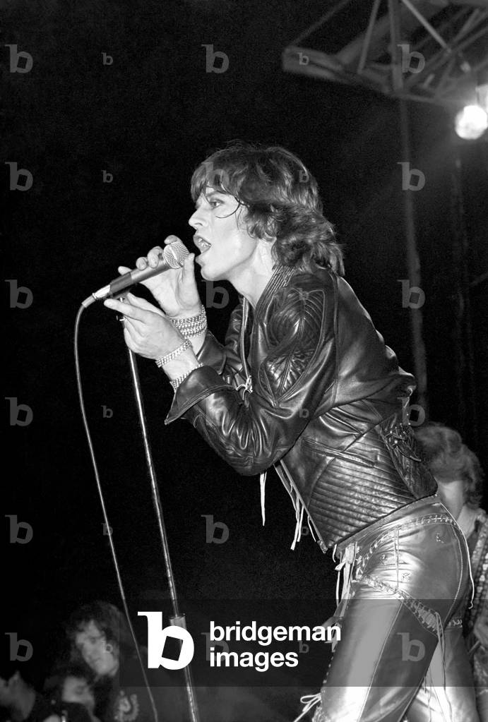 Mick Jagger, Rolling Stones, at a concert, September 1973 (b/w photo)