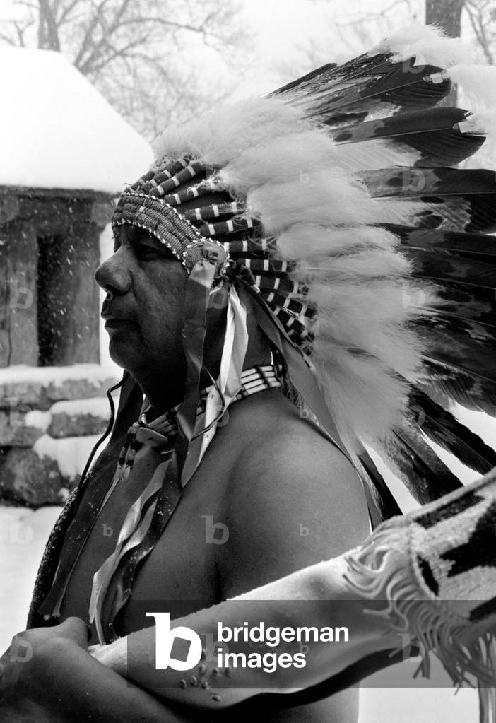 Native American Echohawk, seen here in a snowy Hyde Park. The warrior who found peace with a sketch book is in London for an exhibtion of his work. January 1970