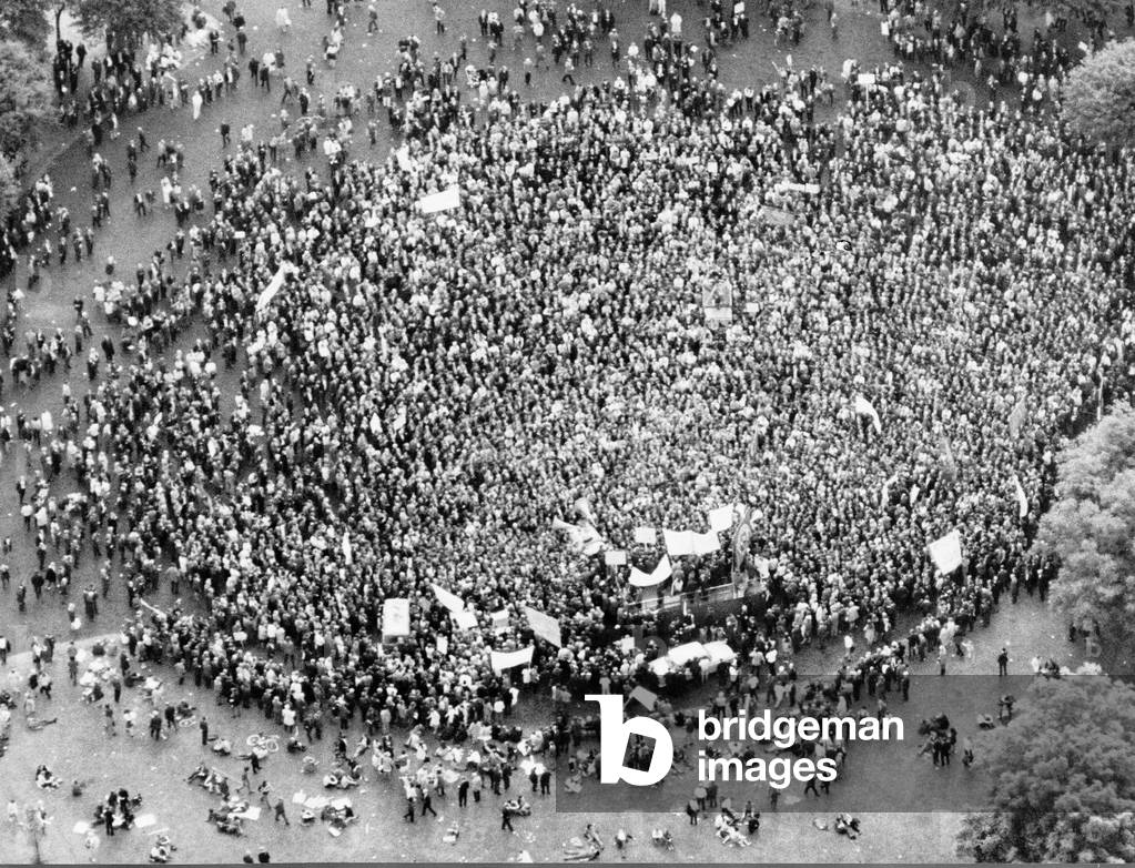 A sun drenched Glasgow Green, as thousands of marchers surge in singing, chanting and waving banners 23rd June 1971 (b/w photo)