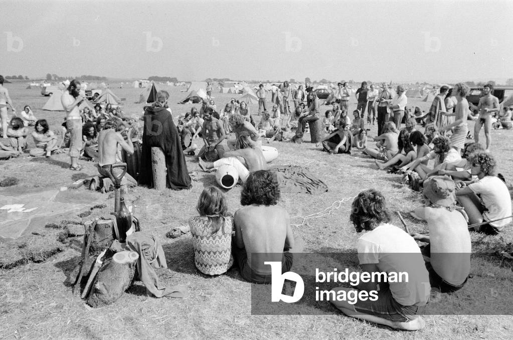 Watchfield Free Festival 1976, a music festival which attracted a large number of 'hippies', pictures taken 27th August 1976 (b/w photo)