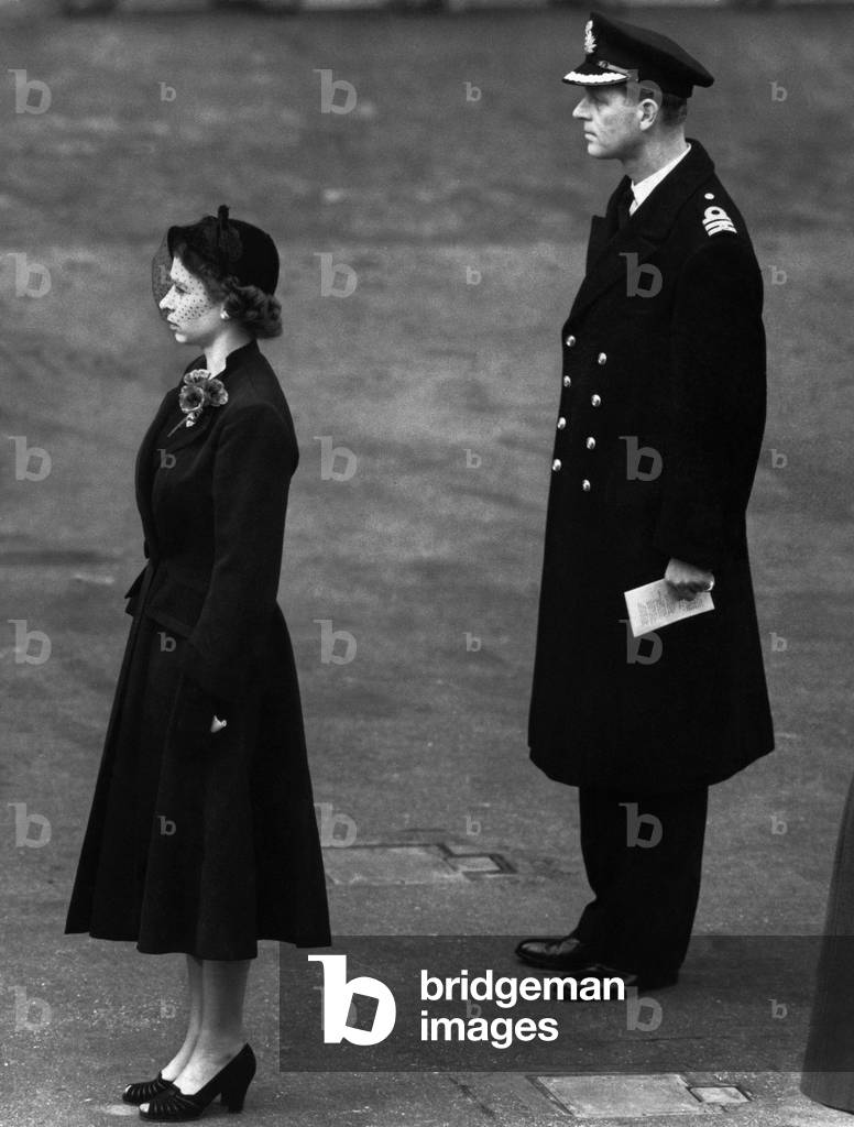 Queen Elizabeth II and Prince Philip during the Service of Remembrance at the Cenotaph, Whitehall,
6th November, 1952 (b/w photo)