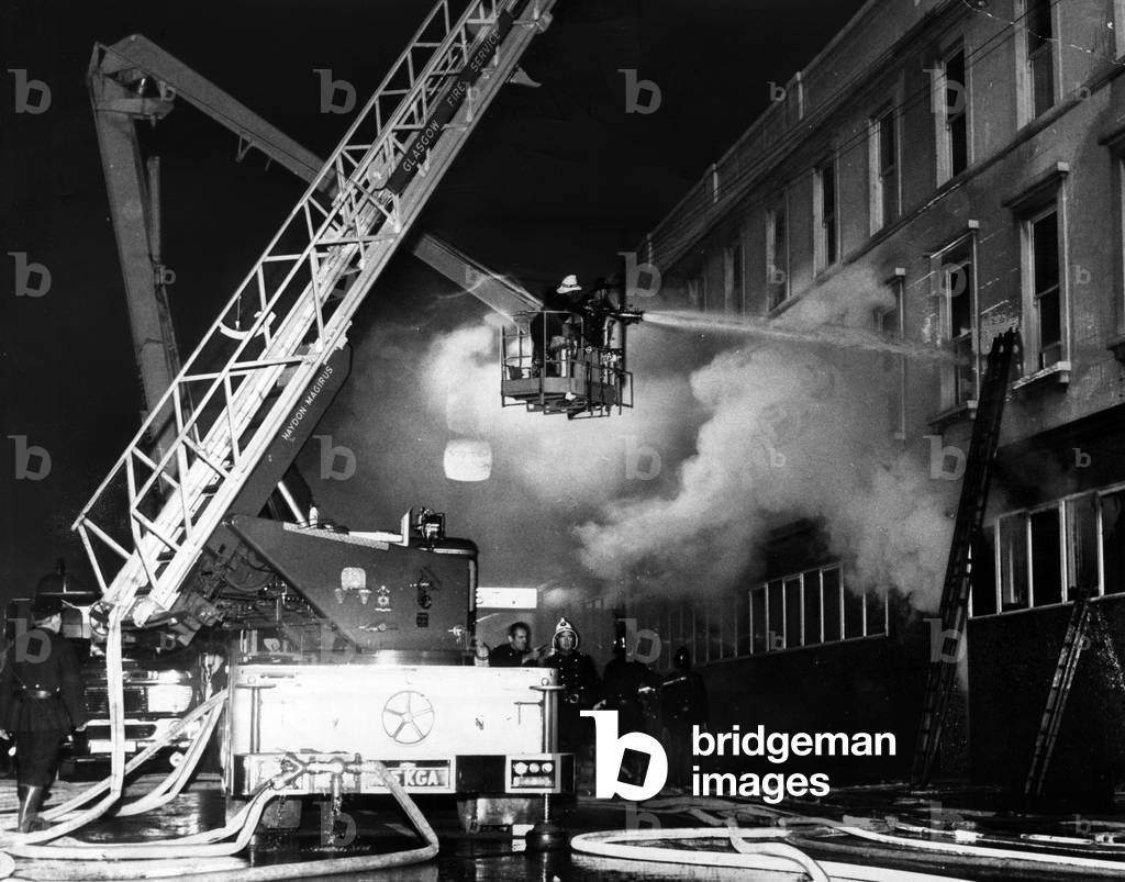Fire at STV Studios, Glasgow, November 1969 (b/w photo)