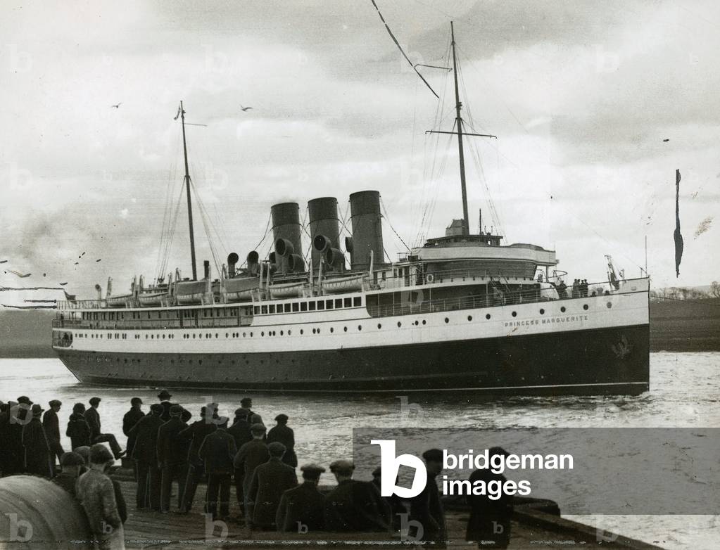 Coastal steamer ship Princess Marguerite leaving Clydebank on the River Clyde, March 1925 (b/w photo)