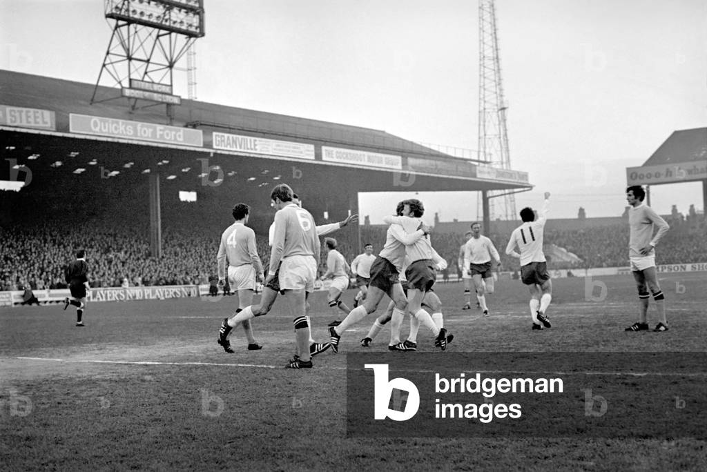 English League Division One match at Maine RoadManchester City 1 v Leeds United 2. Leeds team celebrations for a goal that should never have been. November 1969 (photo)