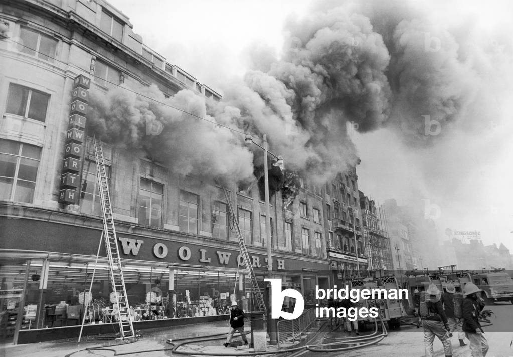 Fire at Woolworths departent store in central Manchester, Tuesday 8th May 1979 (b/w photo)