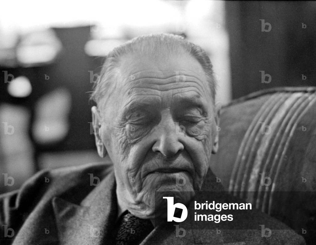 British writer William Somerset Maugham photographed at home. April 1959 (b/w photo)