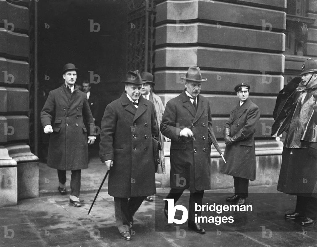 Mr Christian Rakovsky and Prime Minister Ramsay MacDonald seen here leaving the Foreign Office following talks at the Anglo Russian Conference. 15th April 1924 (b/w photo)