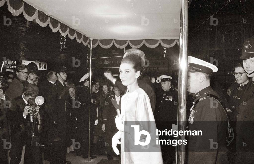 Actress Audrey Hepburn at the film premiere of My Fair Lady in London January 1965 (b/w photo)