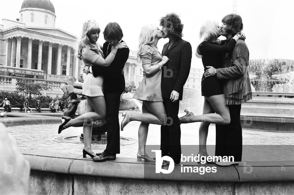 Three of the Tremeloes pop group who are to be married - L/r Carol Dilworth with bass guitarist Chip Hawkes, Lyn Stevens with Alan Blakley, and Dave Munden and Andree Wittenberg. 11th September 1969 (b/w photo)