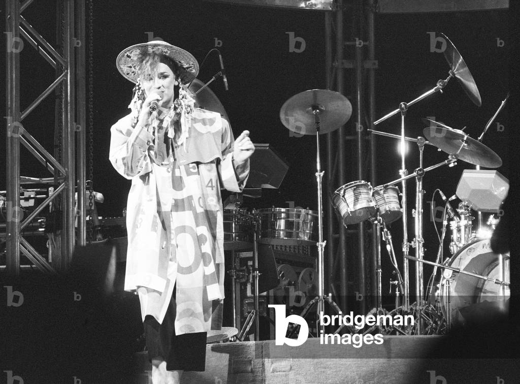 Culture Club singer Boy George performing on stage during a concert.
13th December 1984.