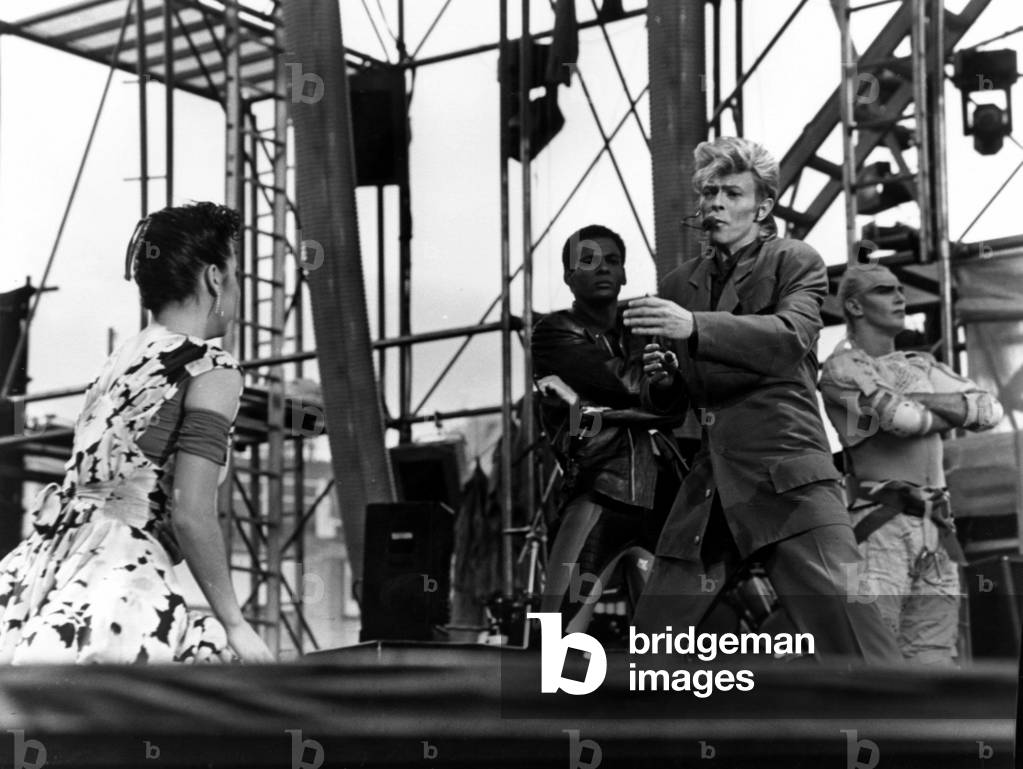 David Bowie, concert at Cardiff Arms Park during his Glass Spider Tour, UK, 1987 (photo)