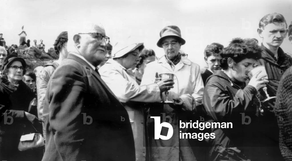 Protestors in Kyleakin on the Isle of Skye demonstrate against Sunday ferry service, which they believe is in breach of the sabbath June 1965 (b/w photo)
