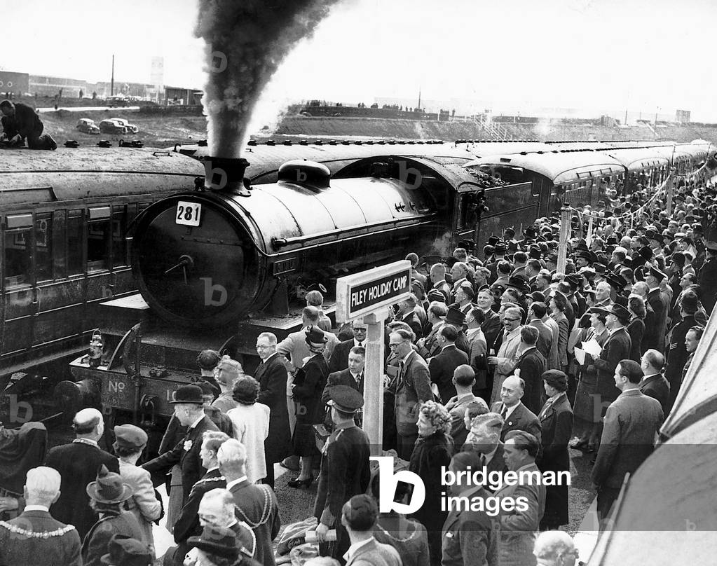 The first train to depart from Butlins Filey Holiday Camp railway station, 10th May 1947 (b/w photo)