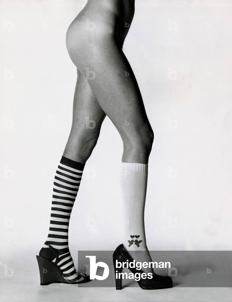Odd Socks.Hoops designed by Mary Quant from Fifth Avenue and decorated white from fenwicks 1975