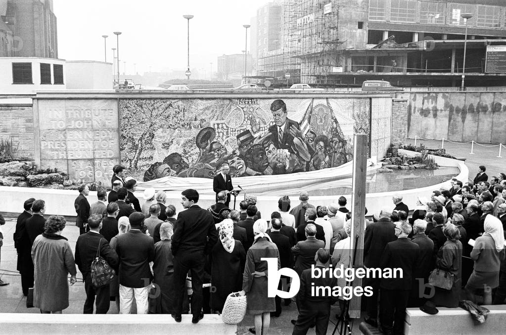 Unveiling of President Kennedy 160,000 piece memorial mosaic, located in Kennedy Gardens, St Chad's Circus, Birmingham. Designed by Kenneth Budd. Unveiled 8th July 1968 (b/w photo)