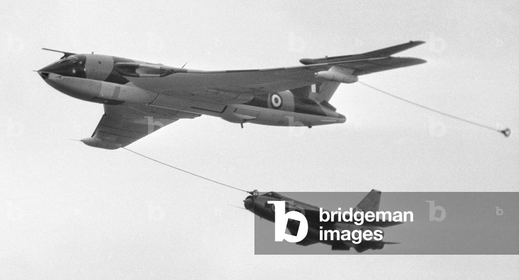 A Vickers Victor tanker aircraft refuelling an English Electrics Lightning seen here taking part in the fly past at RAF Scampton, Lincoln. Were there was a ceremony to mark the shut down of Bomber Command. April 29th 1968