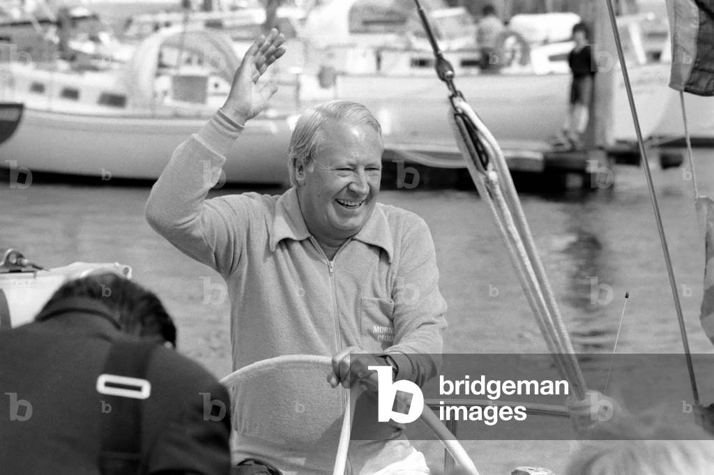 Former Conservative Prime Minister Edward Heath at launching of a new yacht, May 1975 (b/w photo)