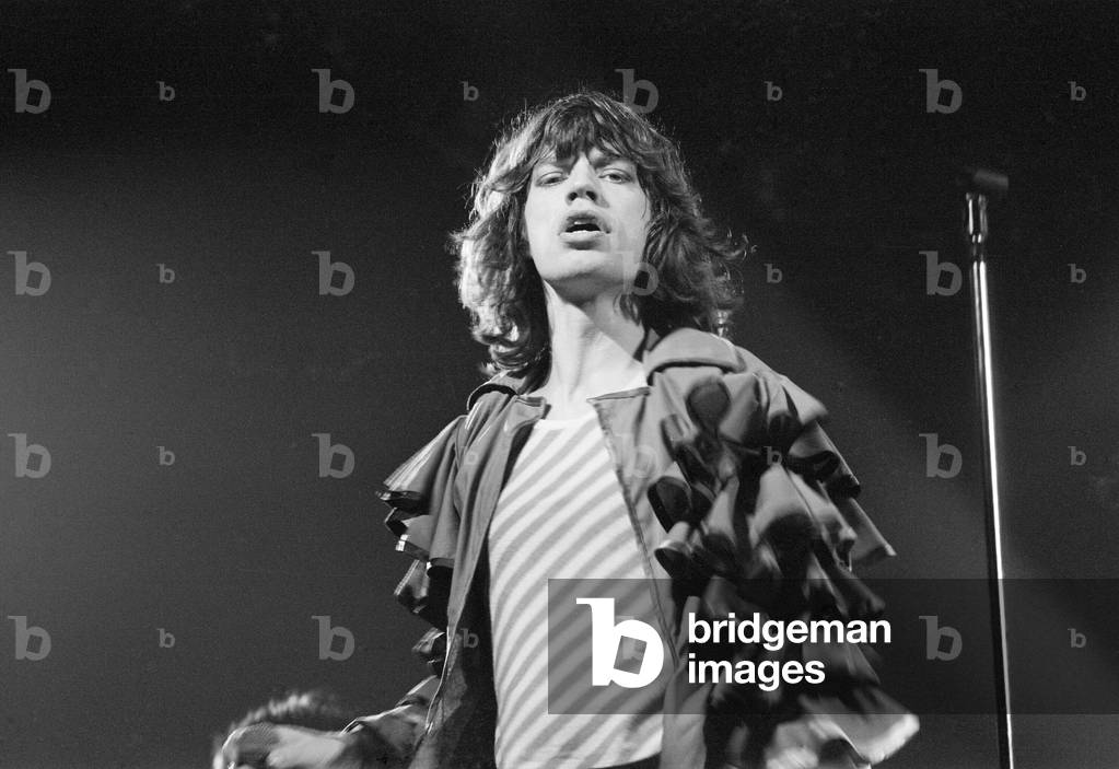 The Rolling Stones, Tour of Europe '76, perform on stage at the New Bingley Hall, Stafford, Staffordshire, West Midlands, UK, 17th May 1976 (b/w photo)