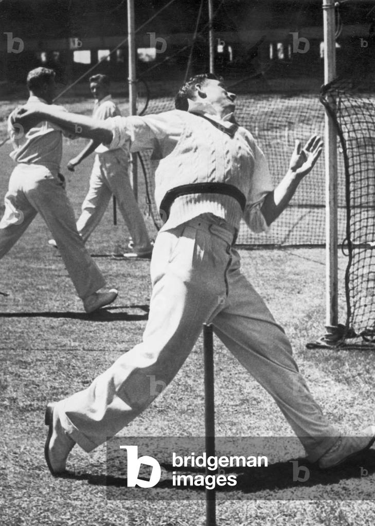 Australian fast bowler Ray Lindwall in the nets.
c.1955