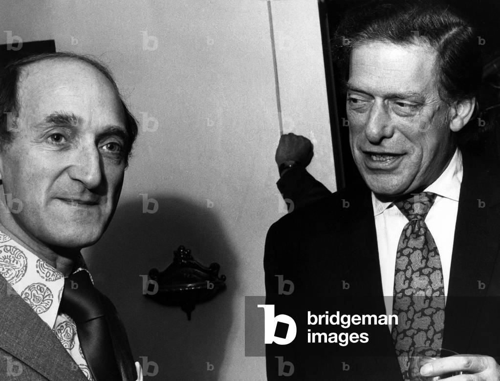 George Henry Hubert Lascelles, 7th Earl of Harewood & Ron Moody actor, together at the London Coliseum theatre where Mr Moody will be playing Captain Hook in JM Barry's Peter Pan, October 1972 (b/w photo)