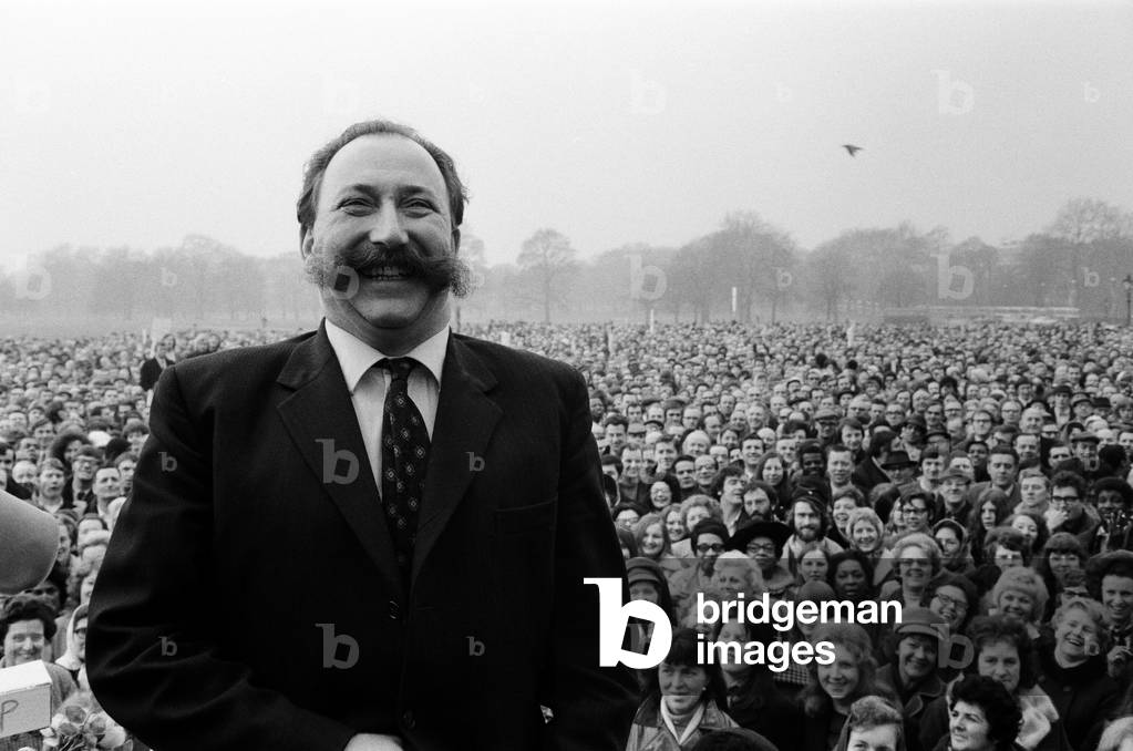 Post Office workers hold a march and a meeting at Speakers Corner. Tom Jackson, General Secretary of the Union of Post Office Workers, with some of the strikers behind him that were at the meeting. London, 4th February 1971 (b/w photo)