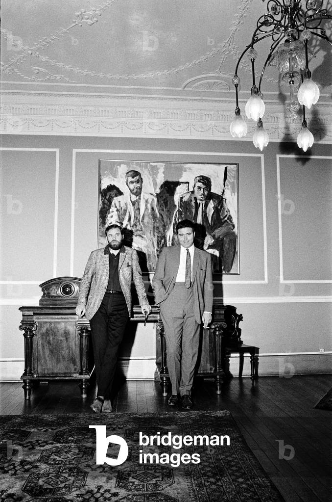 Ray Galton and Alan Simpson on tour for new ideas, and also for possible next Steptoe series. Pictured here at their palatial offices. 30th April 1964 (b/w photo)