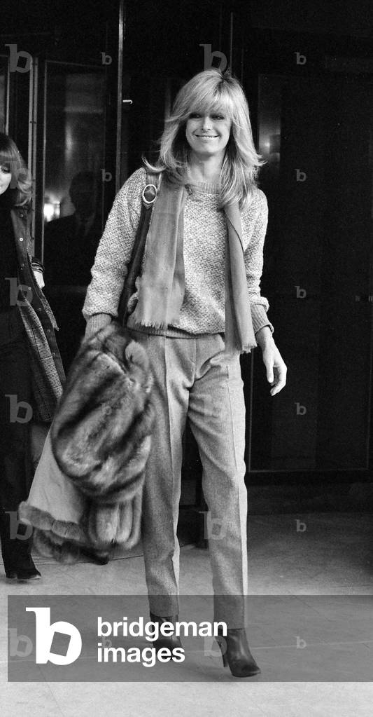 US actress Farrah Fawcett Majors, pictured during visit to London, January 1979 (b/w photo)