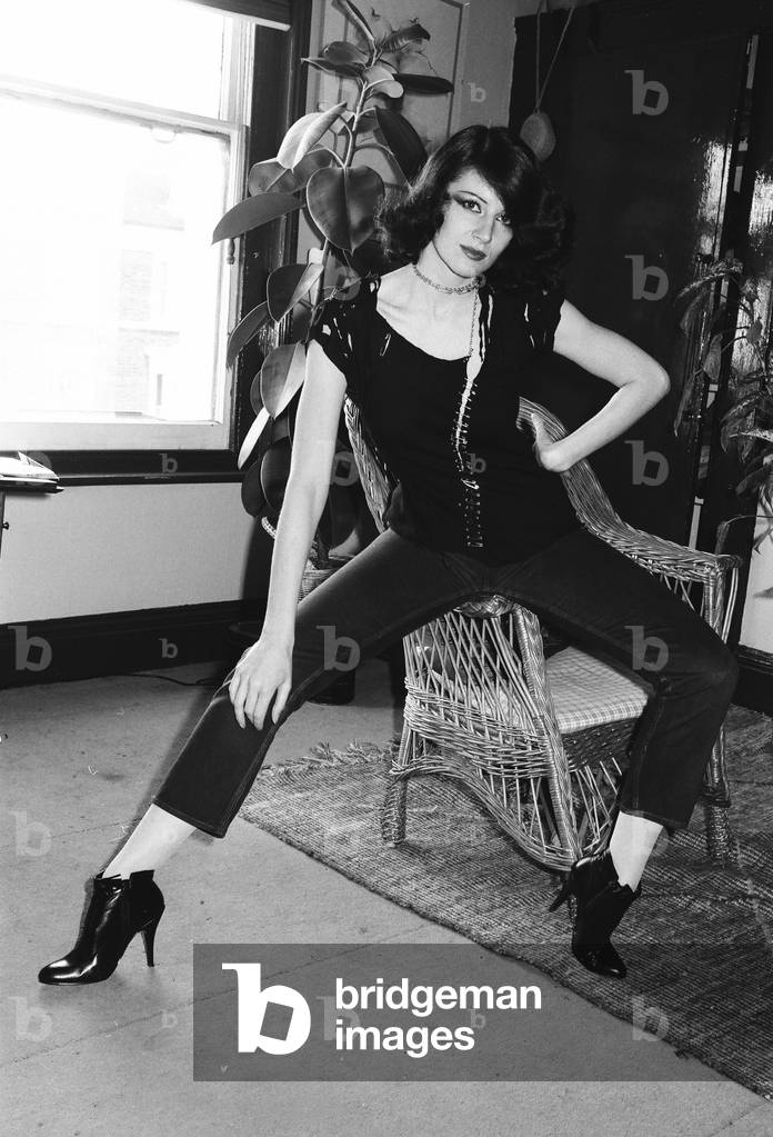 Caroline Coon pictured at home, November 1976 (b/w photo)