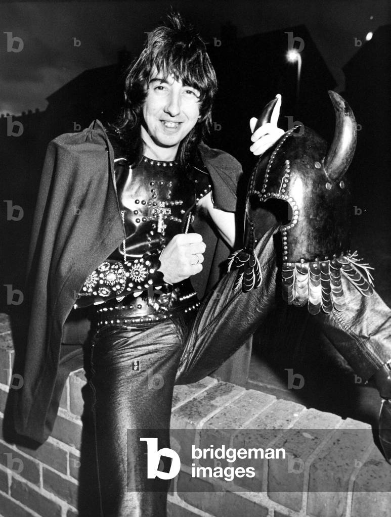 Stephen Crawford, 24, is selling his all-leather costume which he used to wear as drummer with the hard rock band, Incubus, to raise funds to study for a diploma in jazz and light music at Newcastle College, 1980 (b/w photo)