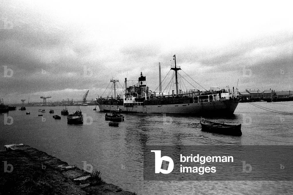 The Cypriot owned SS Petros the day after there was a major fire aboard in which six crewmen were injured, 18th September 1970 (b/w photo)