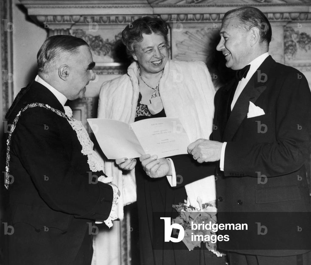 Mrs Roosevelt seen here at the Mansion House where a dinner was given in her honour by the National Associations of Girls Clubs and Mixed Clubs of Great Britain. Mrs Roosevelt is seen here enjoying a joke with Sherman Douglas U S Ambassador and the Lord Mayor. 14th April 1946 (b/w photo)