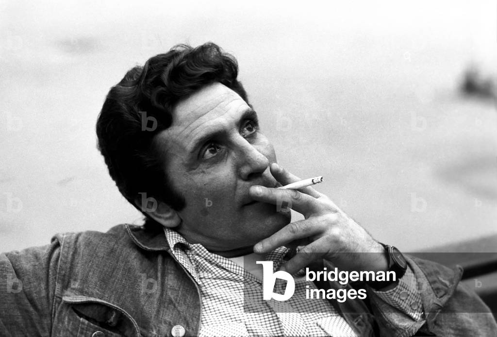 French star singer Gilbert Becaud in Strasbourg, France, April 1975 (b/w photo)