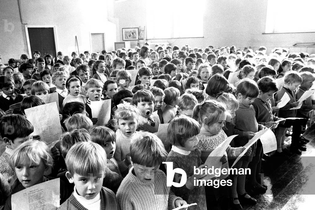 The youngsters in assembly at Seaton Delaval First School, Tyne and Wear, 14th April 1970 (b/w photo)