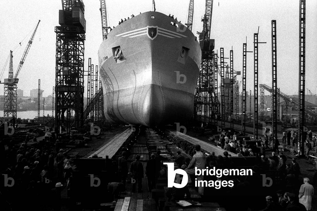 The launch of the Stolt Lion tanker at Hebburn on the 16th October, 1970. It was completed by Swan Hunter at the SBS Ltd, Hebburn yard by July 1971 (b/w photo)