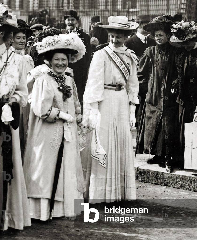 Suffragette Lady Constance Lytton (right) during Suffragette Procession in London, October 1909 (b/w photo)