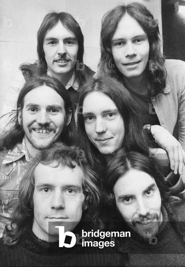 North East band Arbre: Front left to right, Bill Bissett, Paul Caffrey. Centre, Phil Caffrey, Tony Davison. Back, Pete Caffrey and Roger Askew, 1970