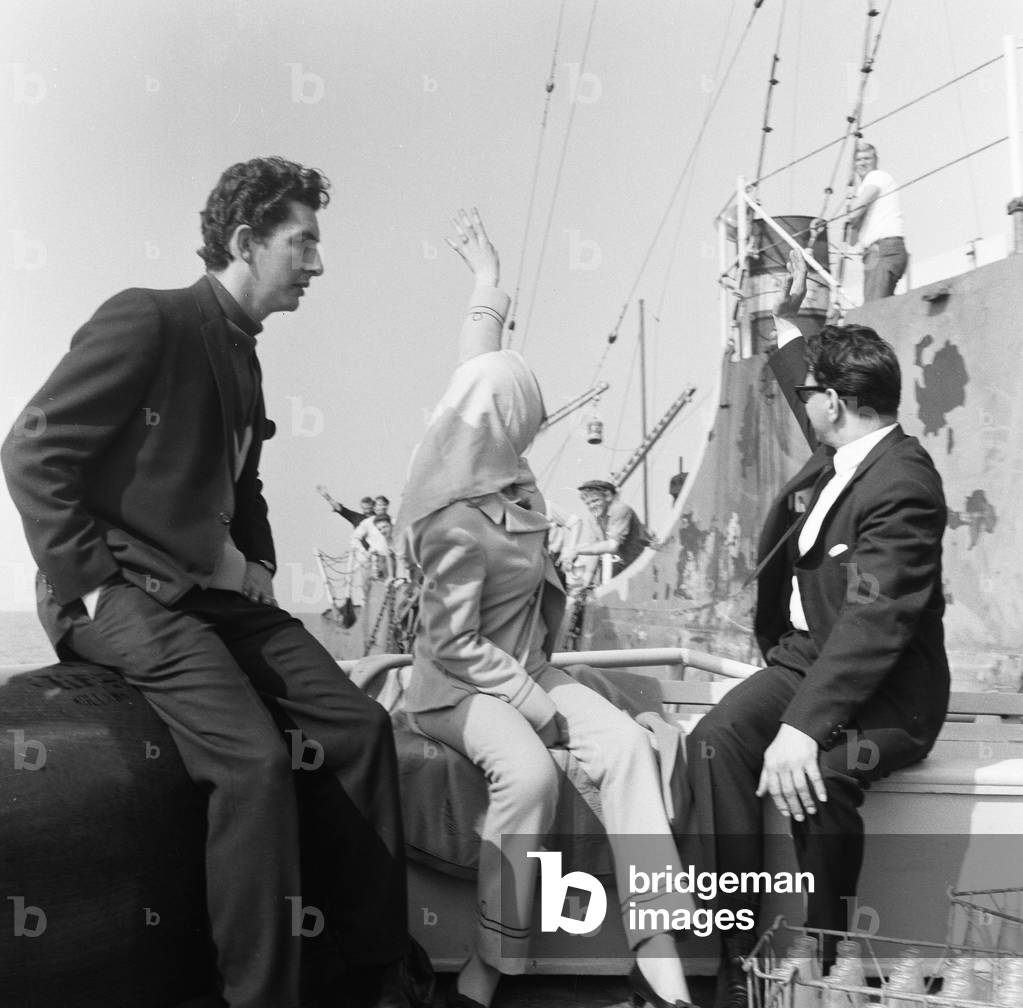 Marianne Faithfull pictured with members of Radio London pictured on the Pirate Radio Ship. 8th May 1965 (b/w photo)