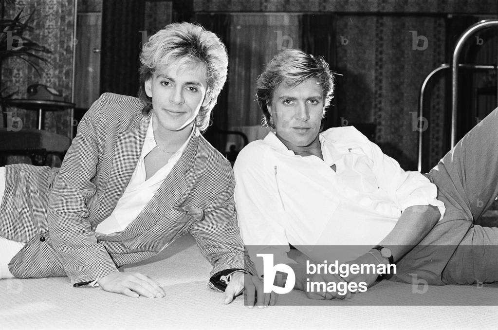 Simon Le Bon & Nick Rhodes from music group Duran Duran, 20th July 1983 (b/w photo)