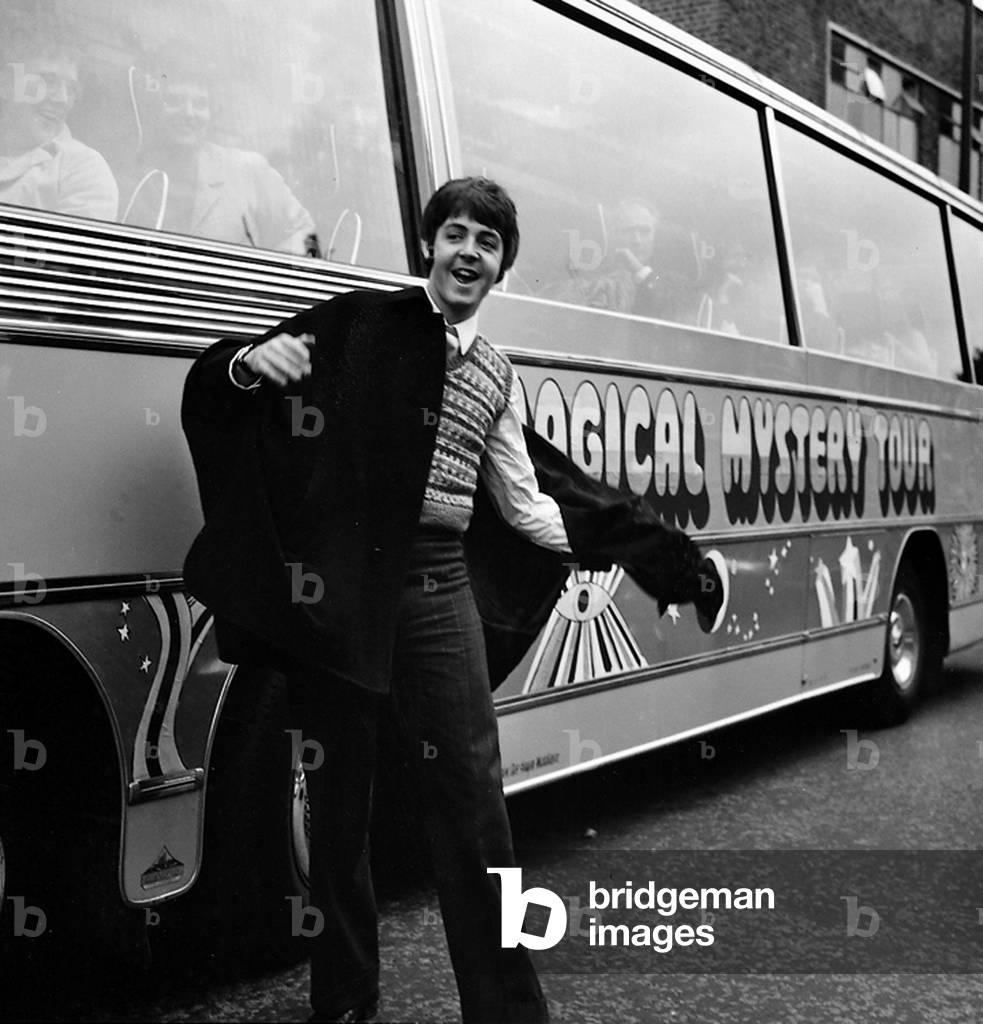 Paul McCartney as The Beatles set out on their celebrated tour of the West Country, 11th September 1967 (b/w photo)