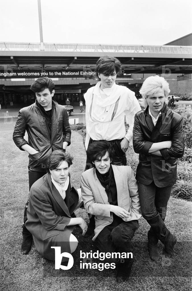 Duran Duran, music group, pictured outside the NEC, Birmingham, 7th May 1981 (b/w photo)