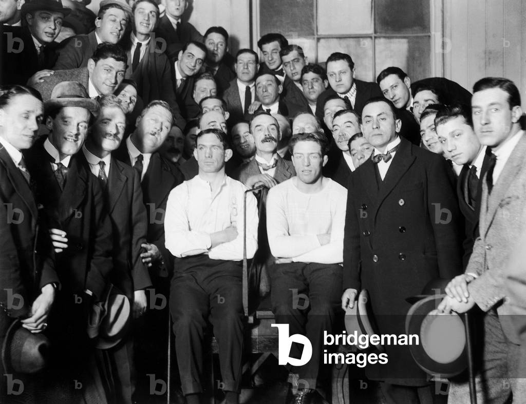 Boxers Ted 'Kid' Lewis and Johnny Basham 3 days before their fight at The Royal Albert Hall, Kensington, London, United Kingdom. 16th November 1920 (b/w photo)