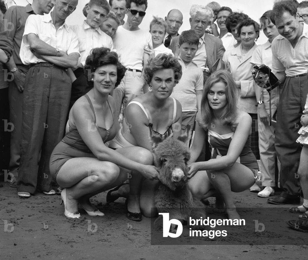 Sunday Pictorial Beach Beauty Contest held at Prestatyn on the sands opposite the Royal Lido Three of the competitors with a donkey on the beach August 1960 (b/w photo)